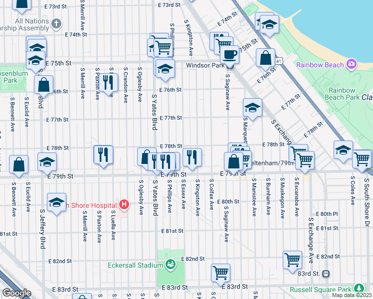 map of restaurants, bars, coffee shops, grocery stores, and more near 7748 South Essex Avenue in Chicago