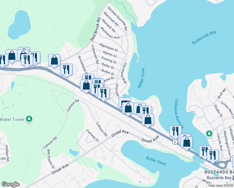 map of restaurants, bars, coffee shops, grocery stores, and more near 35 Choctaw Drive in Wareham