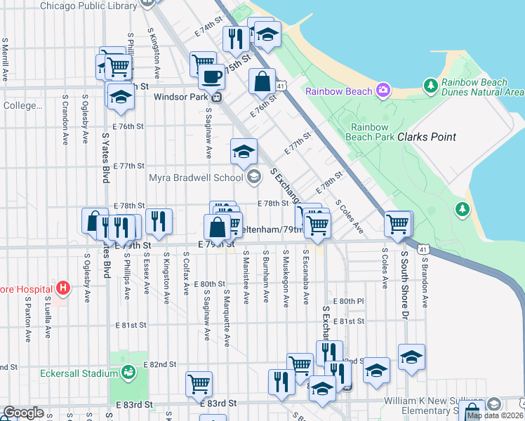 map of restaurants, bars, coffee shops, grocery stores, and more near 7807 South Burnham Avenue in Chicago