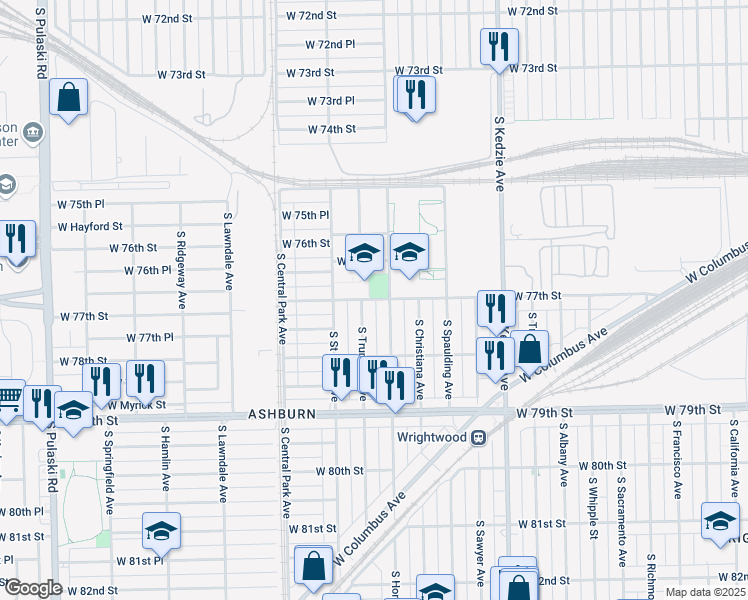 map of restaurants, bars, coffee shops, grocery stores, and more near 3426 West 77th Street in Chicago