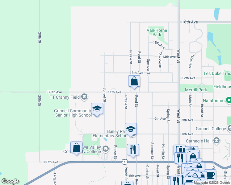 map of restaurants, bars, coffee shops, grocery stores, and more near 1598 Prince St in Grinnell