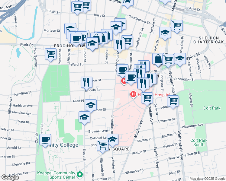 map of restaurants, bars, coffee shops, grocery stores, and more near 282 Washington Street in Hartford