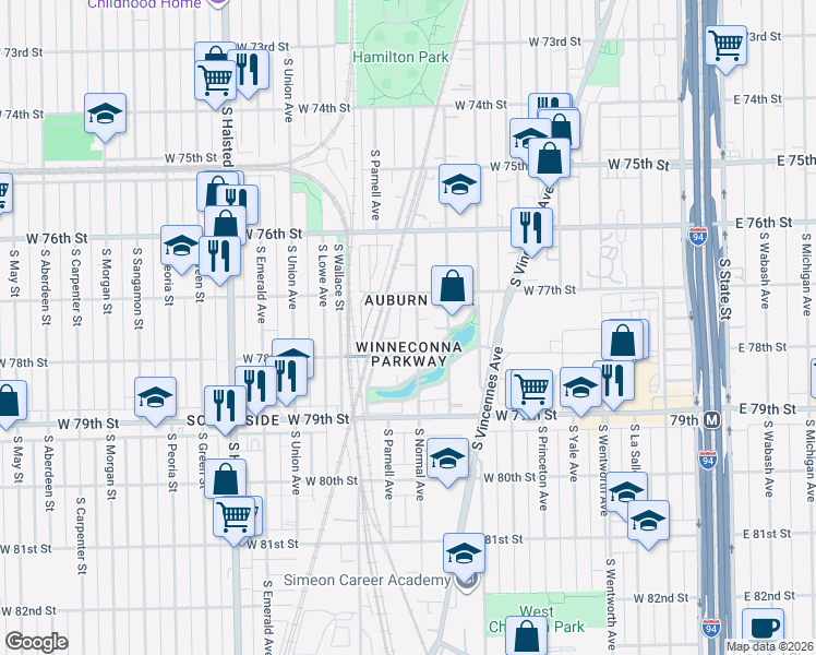 map of restaurants, bars, coffee shops, grocery stores, and more near 7707 South Fielding Avenue in Chicago
