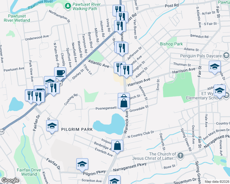 map of restaurants, bars, coffee shops, grocery stores, and more near 37 Silver Lake Avenue in Warwick