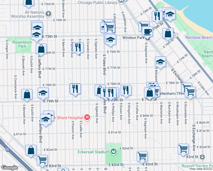 map of restaurants, bars, coffee shops, grocery stores, and more near 7742 South Phillips Avenue in Chicago