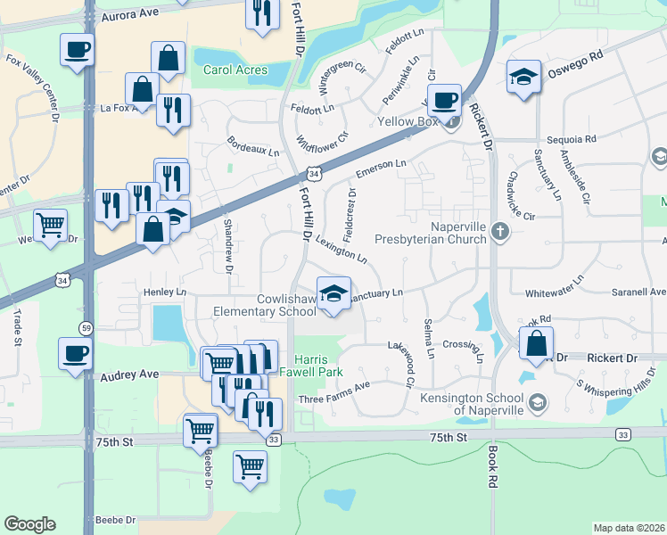 map of restaurants, bars, coffee shops, grocery stores, and more near 2404 Lexington Lane in Naperville