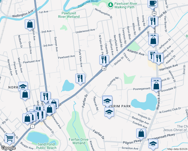 map of restaurants, bars, coffee shops, grocery stores, and more near 789 Post Road in Warwick
