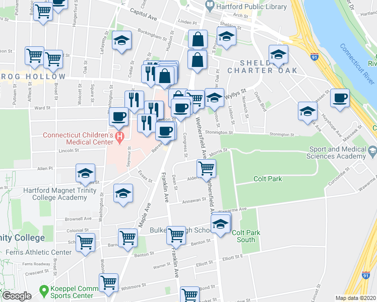 map of restaurants, bars, coffee shops, grocery stores, and more near 27 Congress Street in Hartford