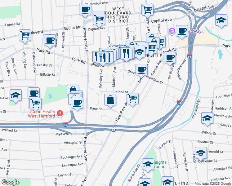 map of restaurants, bars, coffee shops, grocery stores, and more near 80 Madison Avenue in Hartford