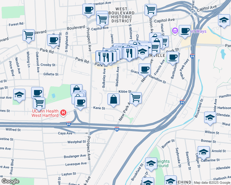 map of restaurants, bars, coffee shops, grocery stores, and more near 80 Madison Avenue in Hartford