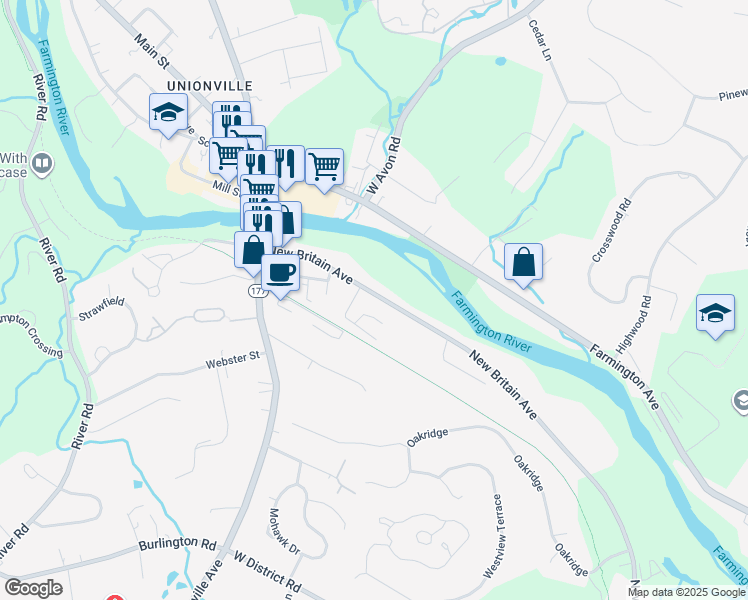 map of restaurants, bars, coffee shops, grocery stores, and more near 121 New Britain Avenue in Farmington