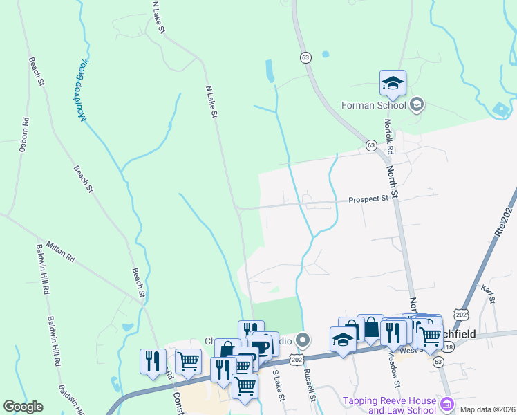 map of restaurants, bars, coffee shops, grocery stores, and more near 166 Prospect Street in Litchfield