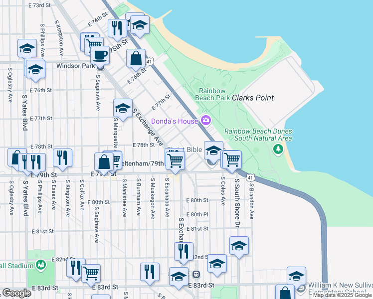 map of restaurants, bars, coffee shops, grocery stores, and more near 7834 South Coles Avenue in Chicago
