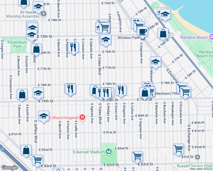 map of restaurants, bars, coffee shops, grocery stores, and more near 7742 South Phillips Avenue in Chicago