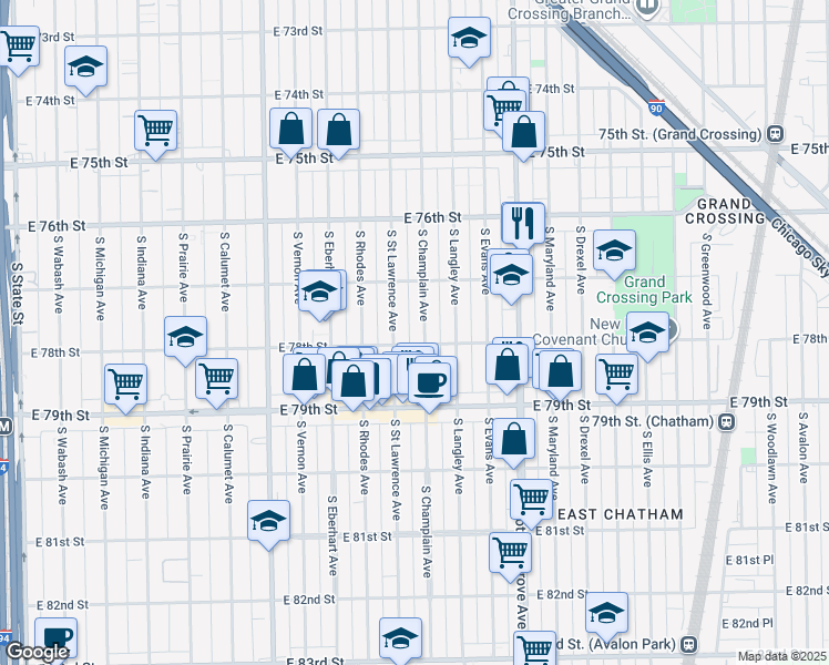 map of restaurants, bars, coffee shops, grocery stores, and more near 7728 South Champlain Avenue in Chicago