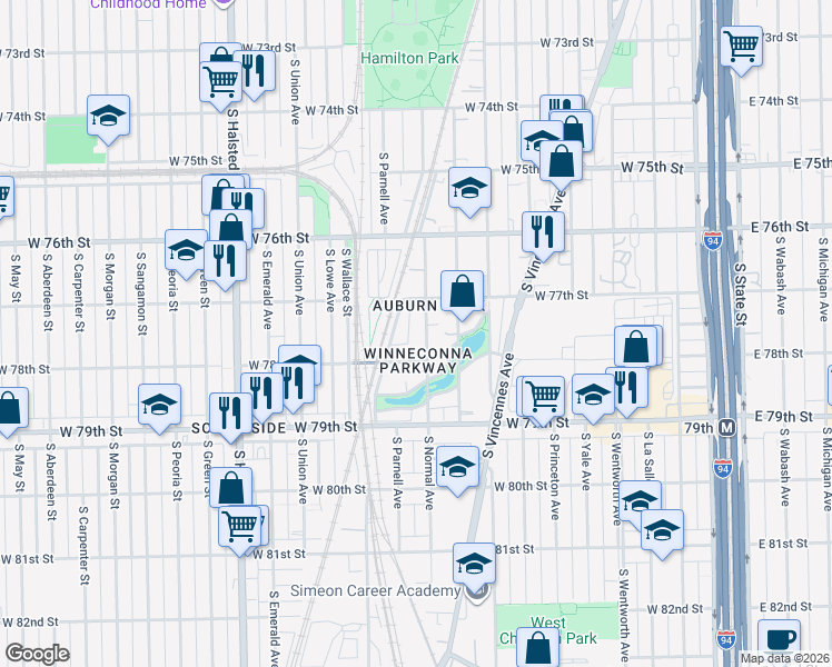 map of restaurants, bars, coffee shops, grocery stores, and more near 7707 South Fielding Avenue in Chicago