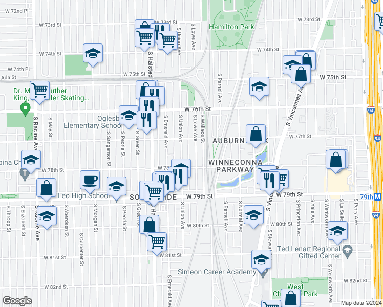 map of restaurants, bars, coffee shops, grocery stores, and more near 7706 South Lowe Avenue in Chicago