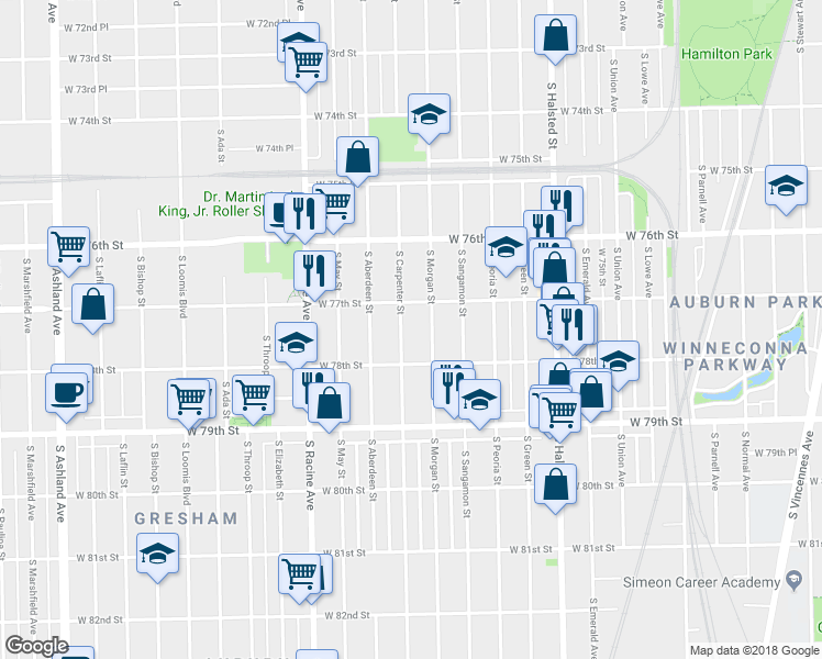 map of restaurants, bars, coffee shops, grocery stores, and more near 1005 West 77th Street in Chicago