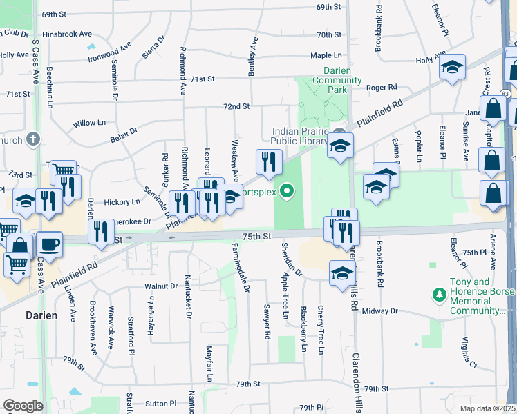 map of restaurants, bars, coffee shops, grocery stores, and more near 7413 Brookdale Drive in Darien