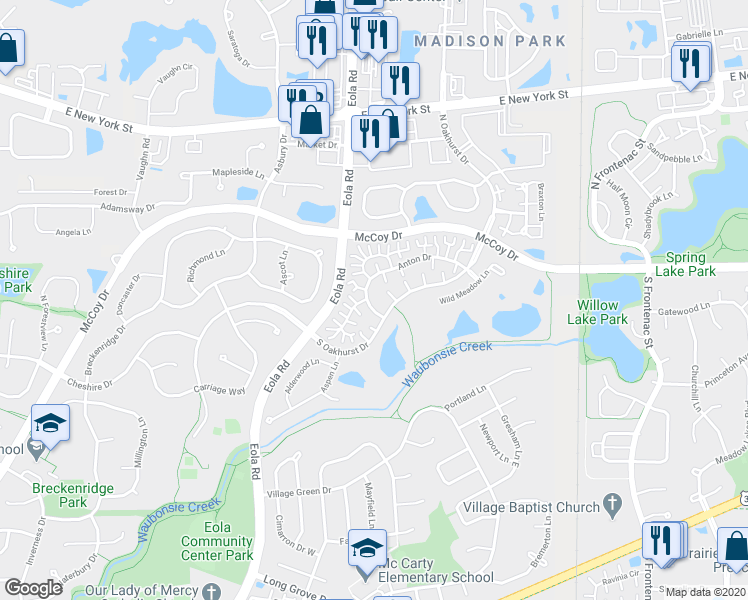 map of restaurants, bars, coffee shops, grocery stores, and more near 3041 Anton Drive in Aurora