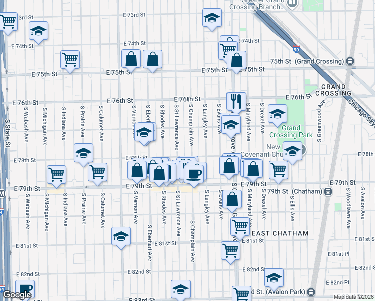 map of restaurants, bars, coffee shops, grocery stores, and more near 7728 South Champlain Avenue in Chicago