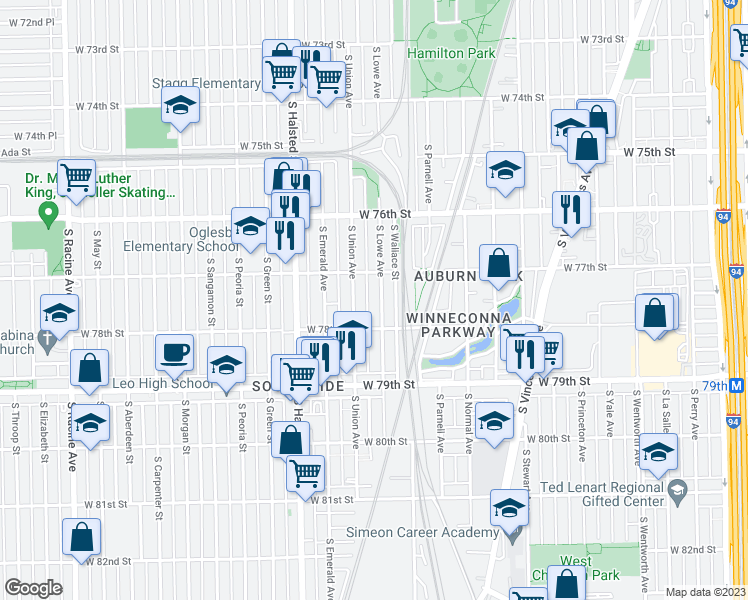 map of restaurants, bars, coffee shops, grocery stores, and more near 7728 South Lowe Avenue in Chicago