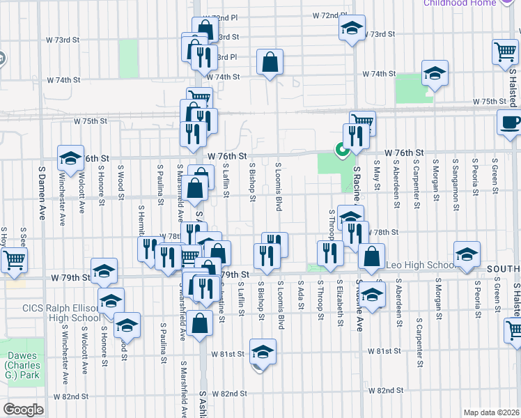 map of restaurants, bars, coffee shops, grocery stores, and more near 7701 South Bishop Street in Chicago