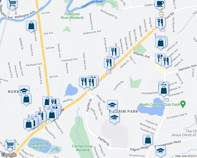 map of restaurants, bars, coffee shops, grocery stores, and more near 789 Post Road in Warwick