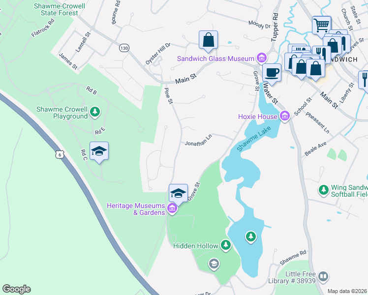 map of restaurants, bars, coffee shops, grocery stores, and more near 18 Pine Street in Sandwich