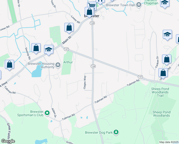 map of restaurants, bars, coffee shops, grocery stores, and more near 16 Gages Way in Brewster