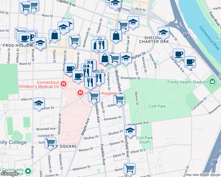 map of restaurants, bars, coffee shops, grocery stores, and more near 27 Congress Street in Hartford