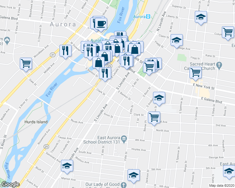 map of restaurants, bars, coffee shops, grocery stores, and more near 104 South Lincoln Avenue in Aurora