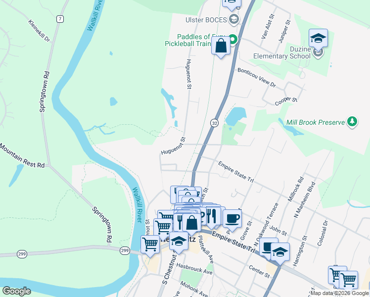 map of restaurants, bars, coffee shops, grocery stores, and more near 127 Huguenot Street in New Paltz