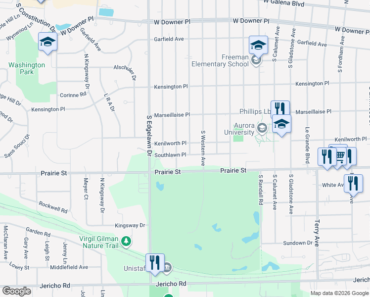 map of restaurants, bars, coffee shops, grocery stores, and more near 1633 Southlawn Place in Aurora