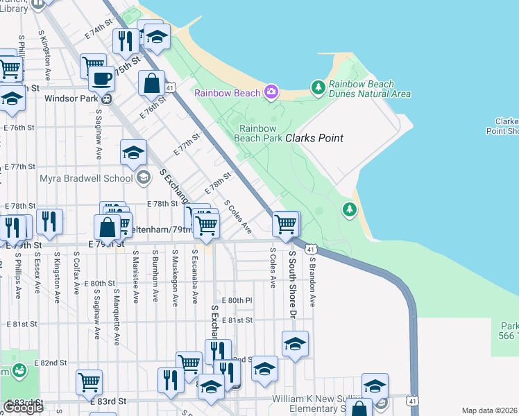 map of restaurants, bars, coffee shops, grocery stores, and more near 7826 South South Shore Drive in Chicago