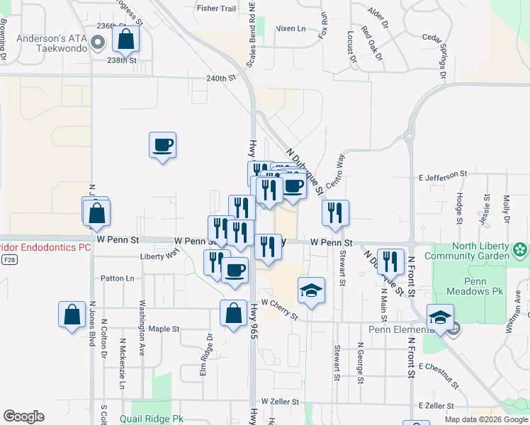 map of restaurants, bars, coffee shops, grocery stores, and more near 723 Pacha Parkway in North Liberty