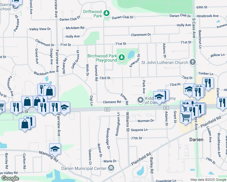 map of restaurants, bars, coffee shops, grocery stores, and more near 1629 Arbor Court in Darien