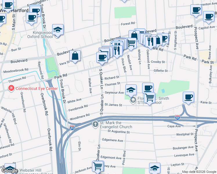 map of restaurants, bars, coffee shops, grocery stores, and more near 118 Thomas Street in West Hartford