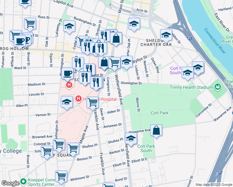 map of restaurants, bars, coffee shops, grocery stores, and more near 65 Wethersfield Avenue in Hartford
