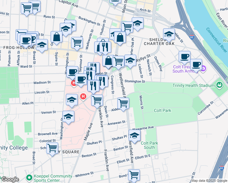 map of restaurants, bars, coffee shops, grocery stores, and more near 27 Congress Street in Hartford