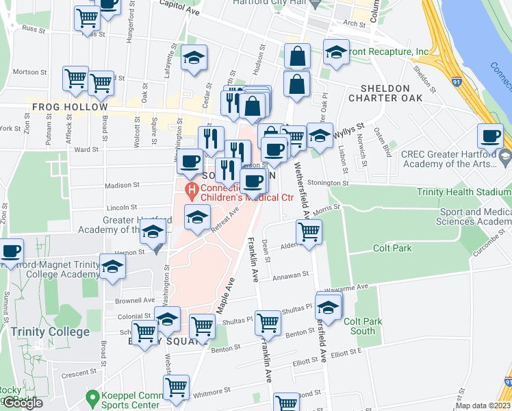 map of restaurants, bars, coffee shops, grocery stores, and more near 56 Retreat Avenue in Hartford