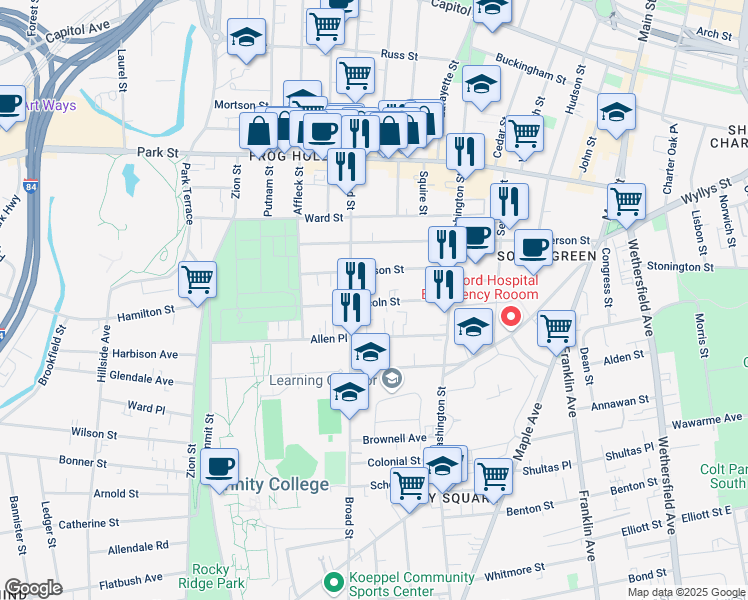 map of restaurants, bars, coffee shops, grocery stores, and more near 59 Madison Street in Hartford