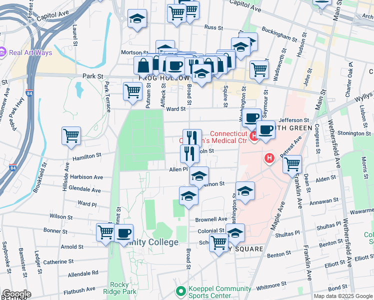 map of restaurants, bars, coffee shops, grocery stores, and more near 1130 Broad Street in Hartford