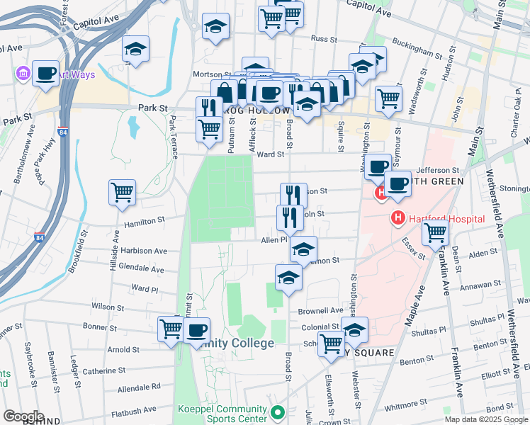 map of restaurants, bars, coffee shops, grocery stores, and more near 155 Madison Street in Hartford
