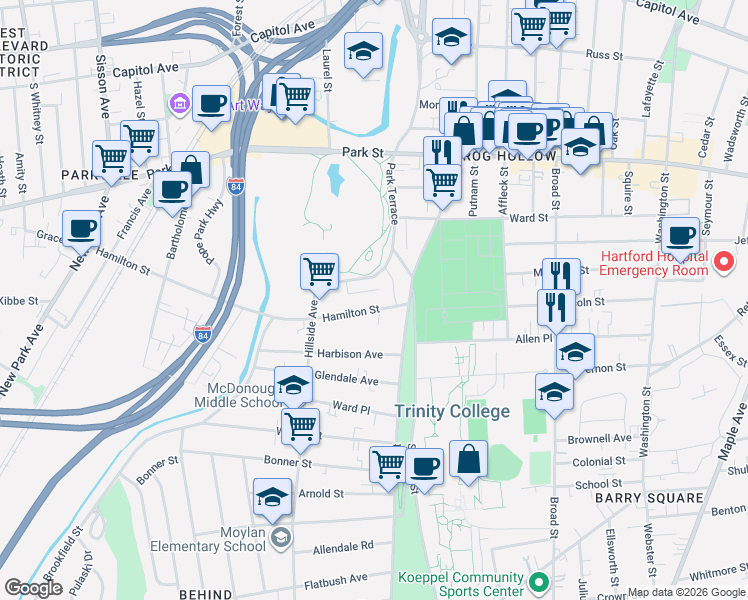 map of restaurants, bars, coffee shops, grocery stores, and more near 278 Park Terrace in Hartford