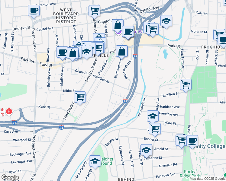 map of restaurants, bars, coffee shops, grocery stores, and more near 124 Bartholomew Avenue in Hartford