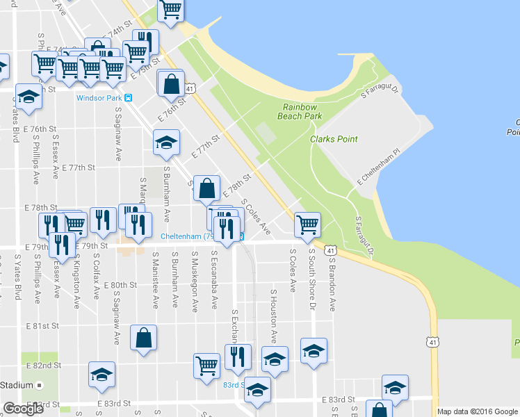 map of restaurants, bars, coffee shops, grocery stores, and more near 7825 South Coles Avenue in Chicago