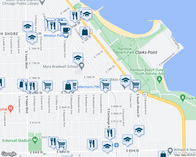 map of restaurants, bars, coffee shops, grocery stores, and more near 7770 South Exchange Avenue in Chicago