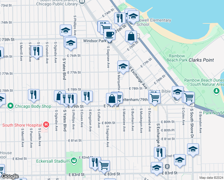 map of restaurants, bars, coffee shops, grocery stores, and more near 7751 South Saginaw Avenue in Chicago