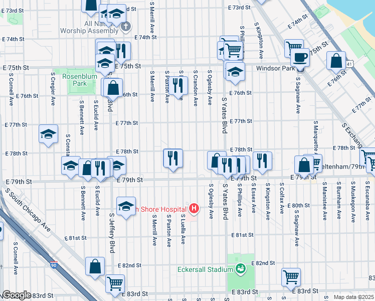 map of restaurants, bars, coffee shops, grocery stores, and more near 7746 South Luella Avenue in Chicago